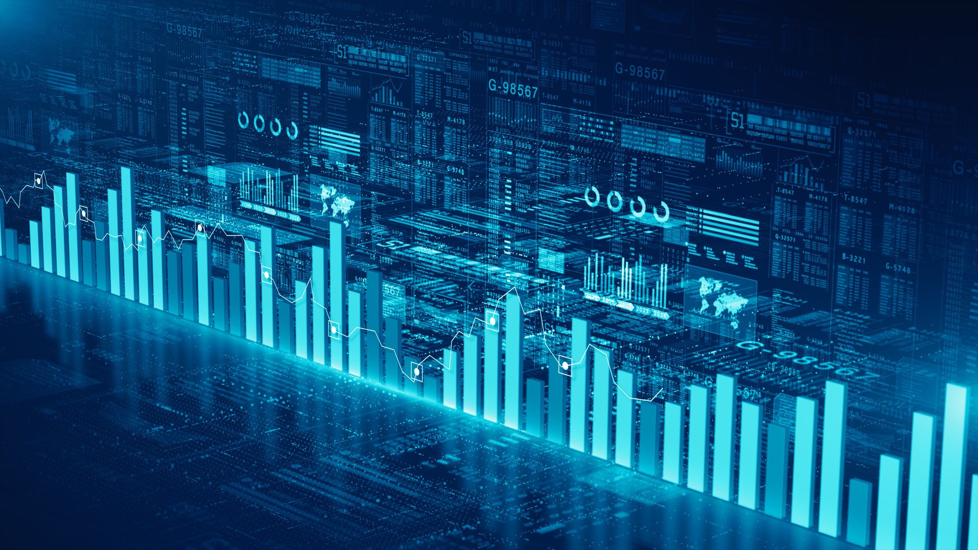 High-tech blue data analytics interface with glowing bar charts, graphs, and a futuristic digital dashboard, ideal for business, finance, or tech innovation themes. Abstract background 3d Rendering