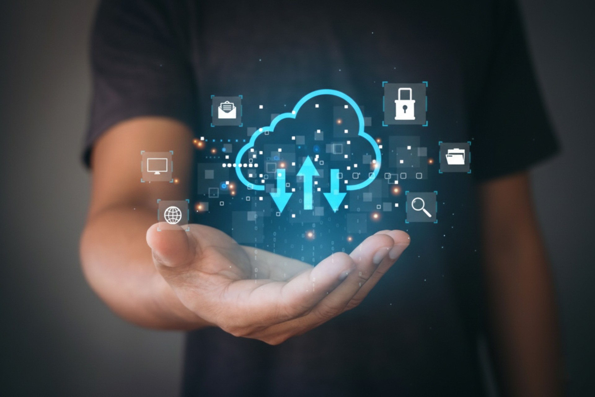 Data Storage and Cloud Computing Service Concept: Man Holding a Digital Cloud Network with Secure Data Icons